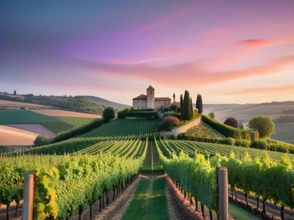 Un viñedo pintoresco en la campiña francesa al atardecer, con vides verdes y un château, ideal para vinos orgánicos gastronomía francesa