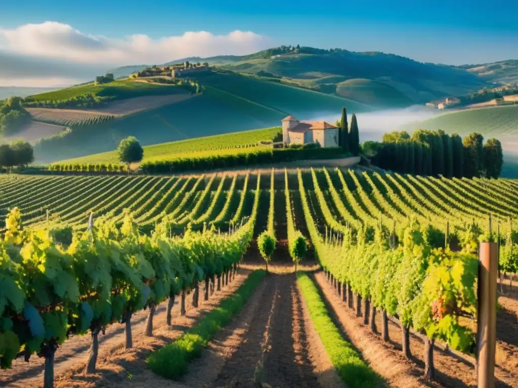 Viñedo pintoresco en la campiña francesa con filas de uvas vibrantes bajo cielo azul