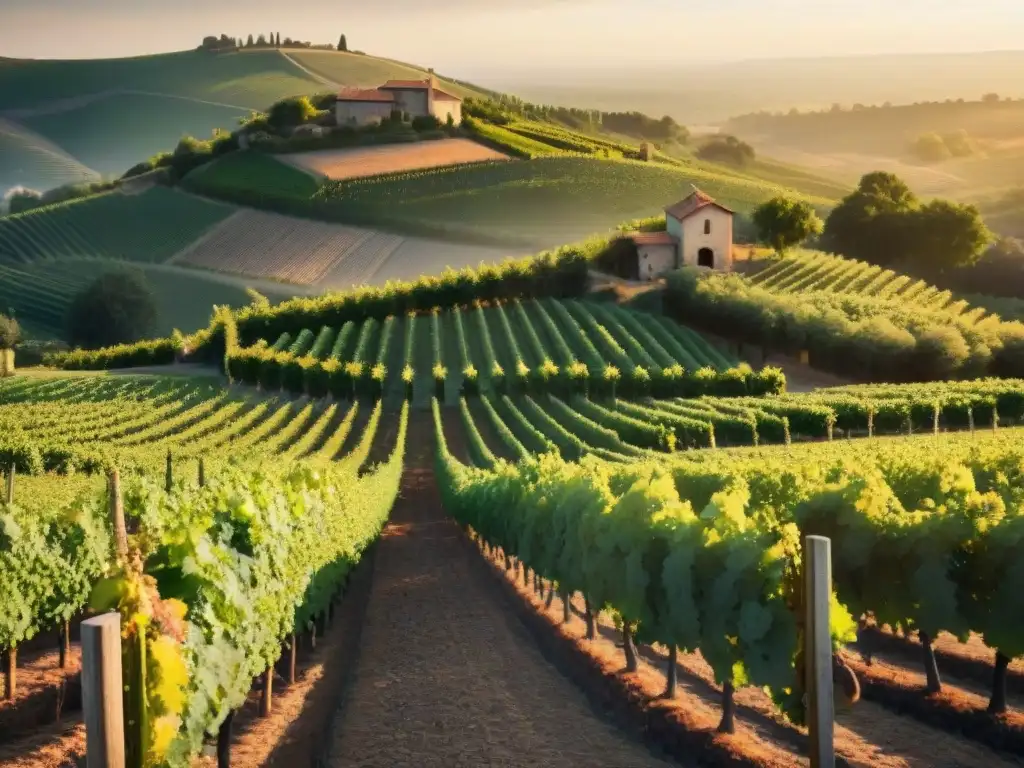 Un viñedo pintoresco en la campiña francesa al atardecer, con filas de uvas rojas orgánicas resaltando en la luz dorada