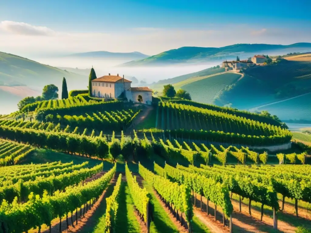 Un viñedo pintoresco en la campiña francesa, con hileras de vides verdes bajo cielo azul y un encantador chateau de piedra al fondo