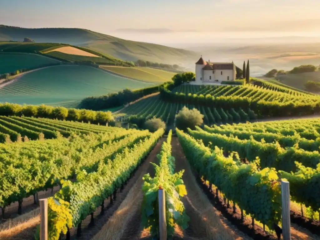 Un viñedo pintoresco en la campiña francesa al atardecer, evocando elegancia y tradición en 'Innovaciones en vinos franceses regionales'