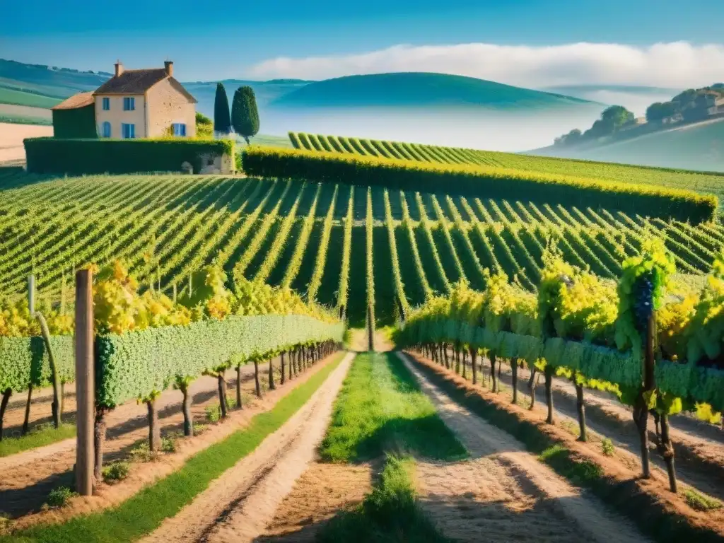 Viñedo pintoresco en la campiña francesa con uvas maduras y una casa de piedra