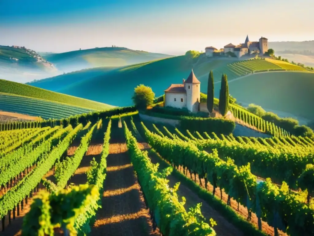 Un viñedo pintoresco en la campiña francesa con vides vibrantes bañadas por el sol dorado y un château entre colinas