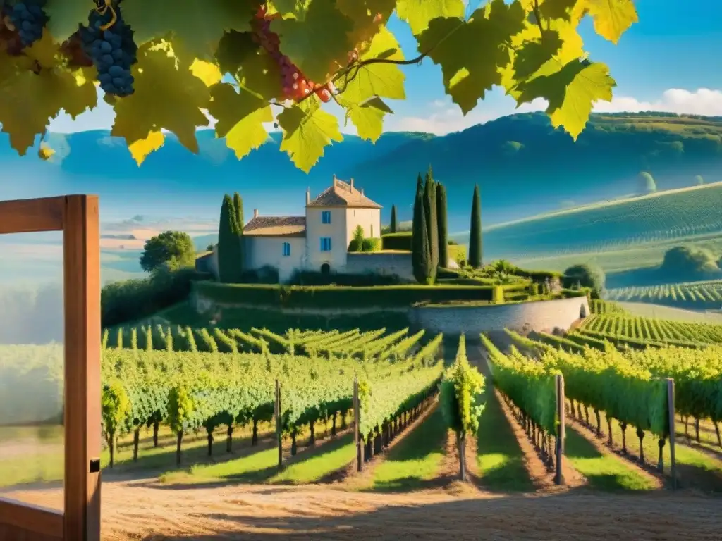 Un viñedo pintoresco en la campiña francesa con un château de piedra y puerta de madera, ideal para la guía vinos tintos franceses