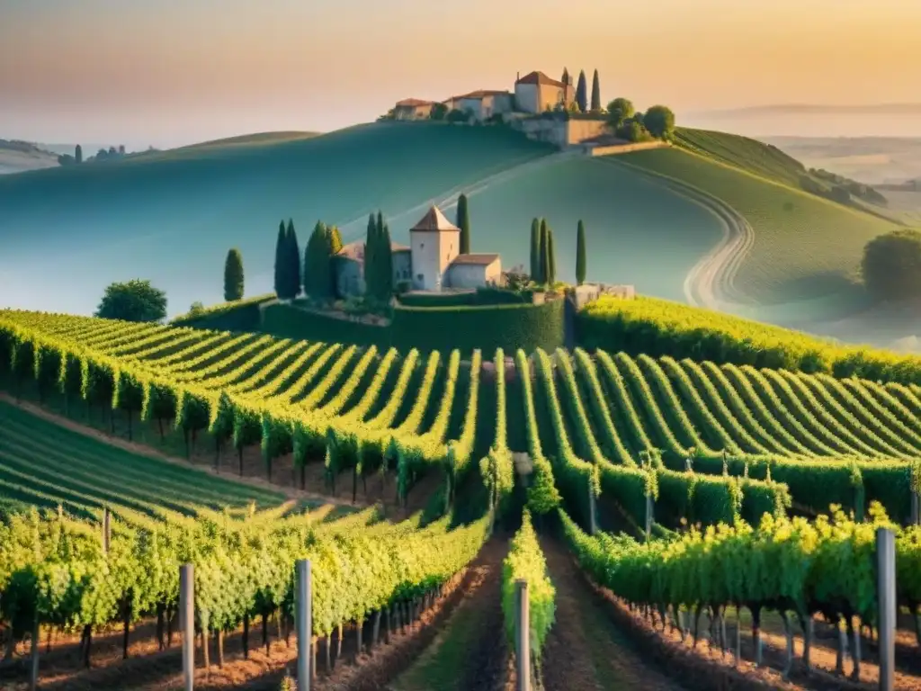 Un viñedo pintoresco en la campiña francesa al atardecer, evocando la rica historia de la gastronomía francesa vinos quesos historia