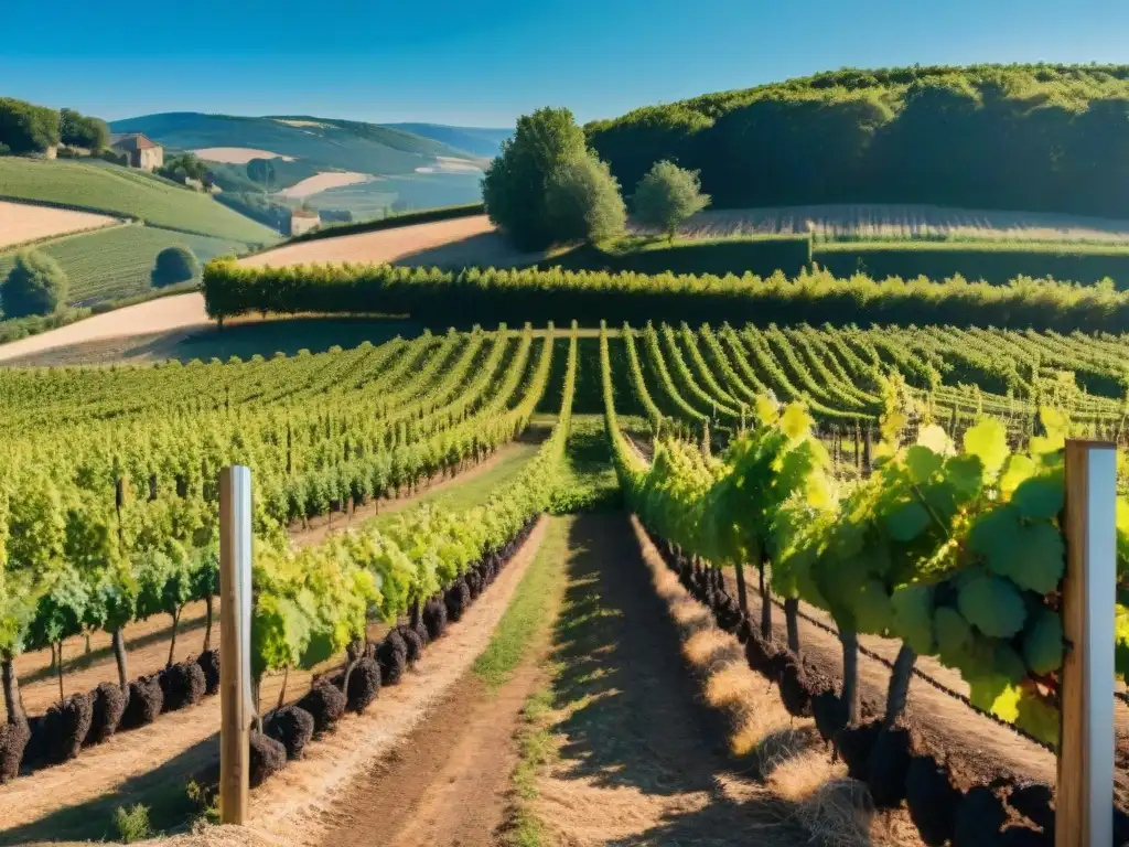 Viñedo pintoresco en la campiña francesa, destilados franceses más allá Cognac