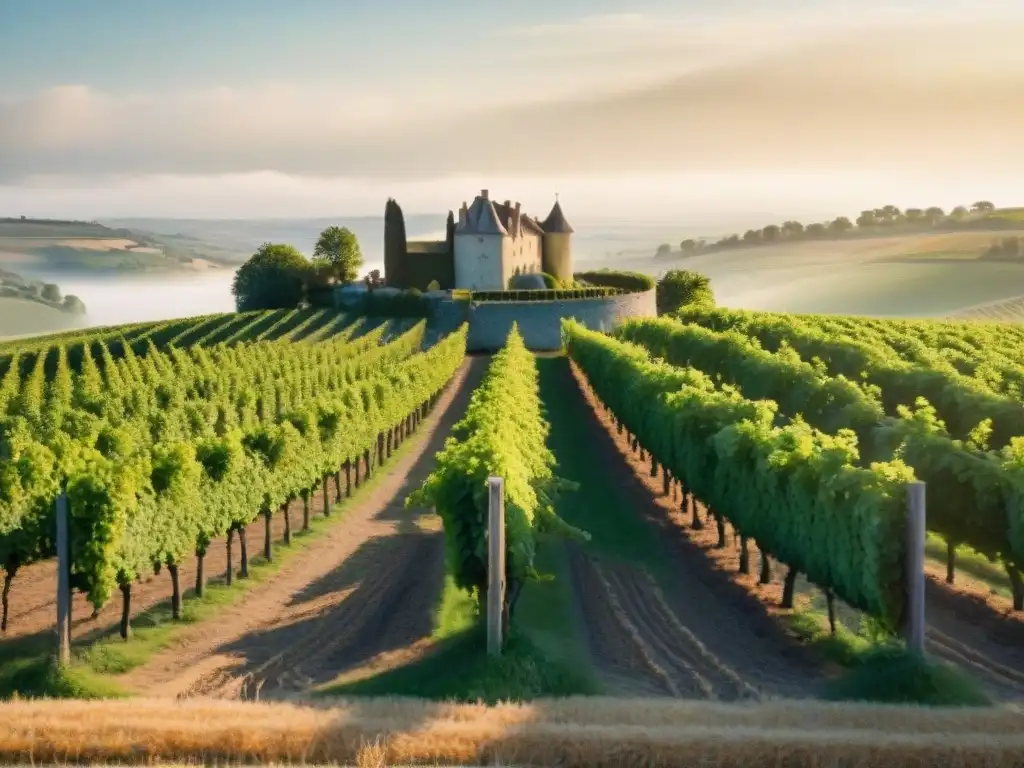 Un viñedo pintoresco en la campiña francesa, con filas de vides verdes bajo el sol dorado y un chateau de piedra al fondo