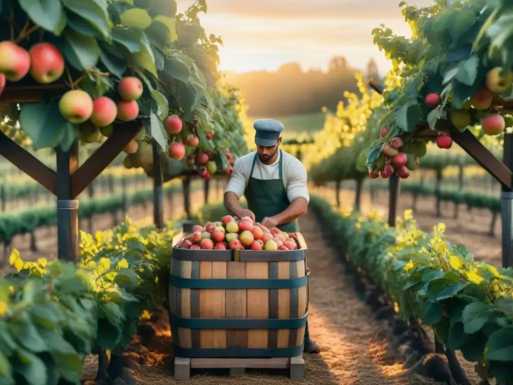 Un viñedo pintoresco en la campiña francesa con huertos de manzanas bañados por la luz dorada del atardecer