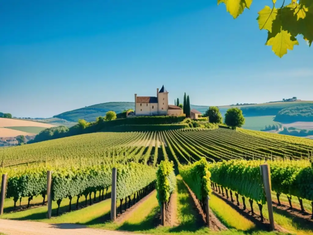 Viñedo pintoresco en el campo francés con trabajadores y chateau de piedra