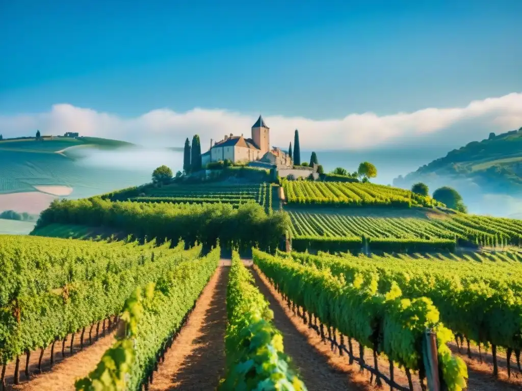 Viñedo pintoresco en el campo francés con filas de uvas verdes bajo cielo azul