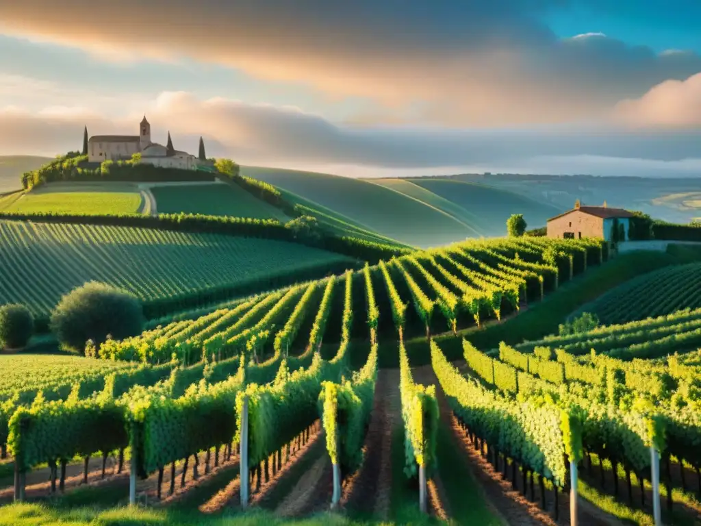 Viñedo pintoresco en Champagne al atardecer, con vides verdes y edificios históricos