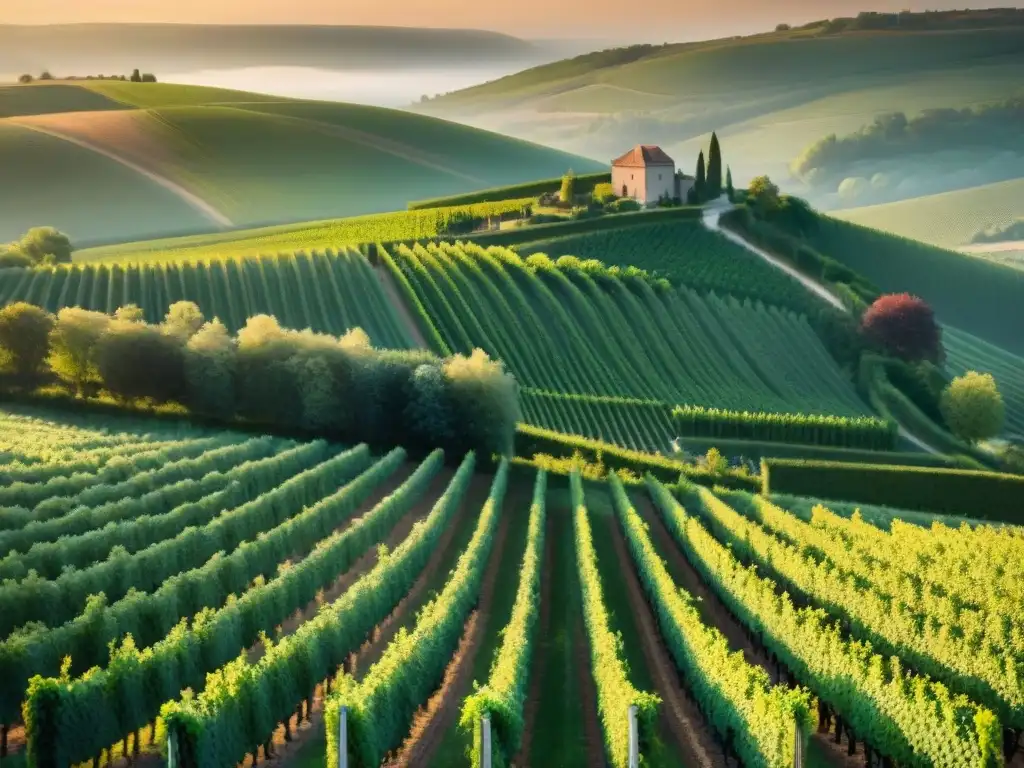 Un viñedo pintoresco en la región de Champagne al atardecer, con trabajadores cosechando uvas