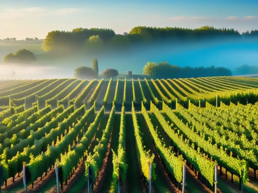 Un viñedo pintoresco en la región de Cognac, Francia, donde agricultores tradicionales cuidan las vides bajo el cielo azul