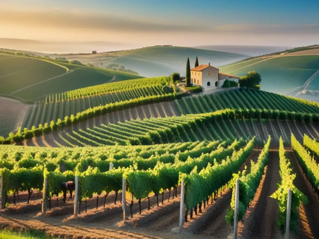 Viñedo pintoresco en colinas francesas al atardecer, reflejando el terroir de la gastronomía en Suroeste y Provenza