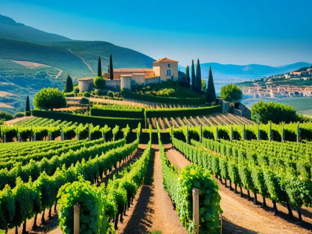 Viñedo pintoresco en colinas de Provenza con viñedos exuberantes bajo el sol mediterráneo y chateau de piedra