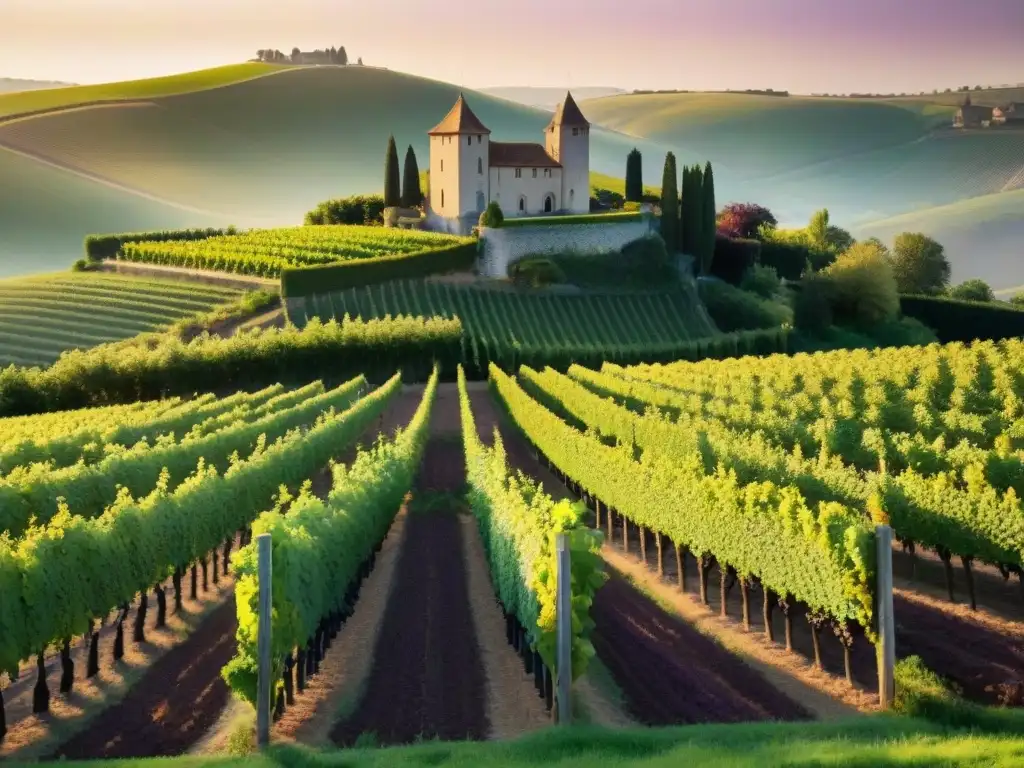 Viñedo pintoresco en colinas del Suroeste francés con uvas y chateau al fondo