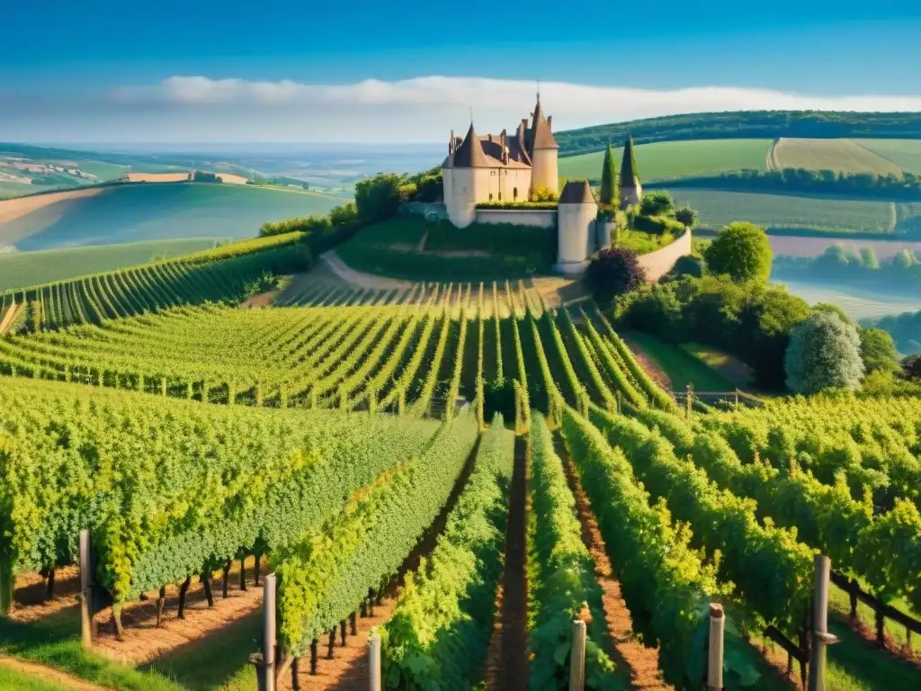 Viñedo idílico en las colinas de Borgoña, Francia Viñedo pintoresco en colinas de Borgoña, Francia, con uvas maduras bajo cielo azul y château histórico al fondo