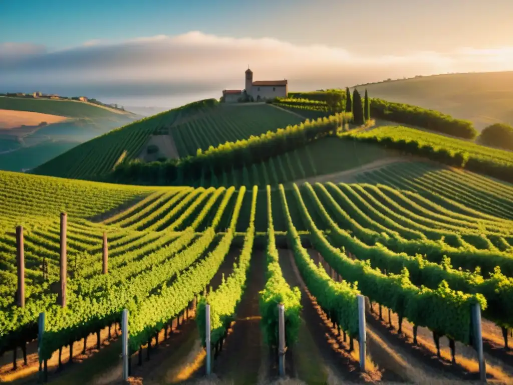 Un viñedo pintoresco en Córcega al atardecer, con vides exuberantes y bodegas tradicionales