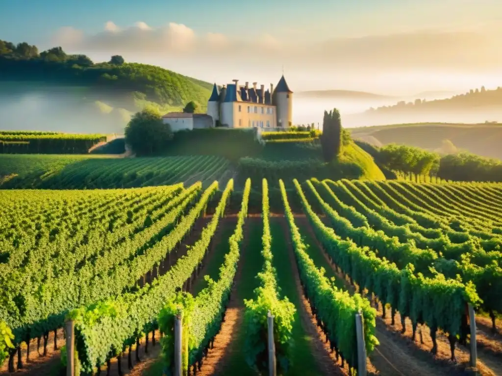 Un viñedo francés pintoresco con filas ordenadas de viñas verdes bajo la luz dorada, junto a un elegante château