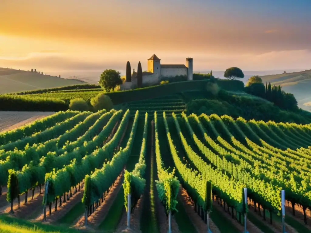 Un viñedo pintoresco en Languedoc-Rosellón, Francia, con filas de vides verdes bajo la luz dorada del atardecer