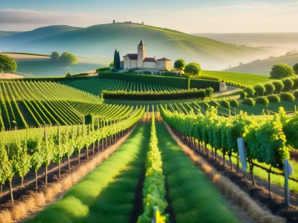 Un viñedo pintoresco en la región de Burdeos, Francia, con hileras de uvas verdes listas para la vendimia