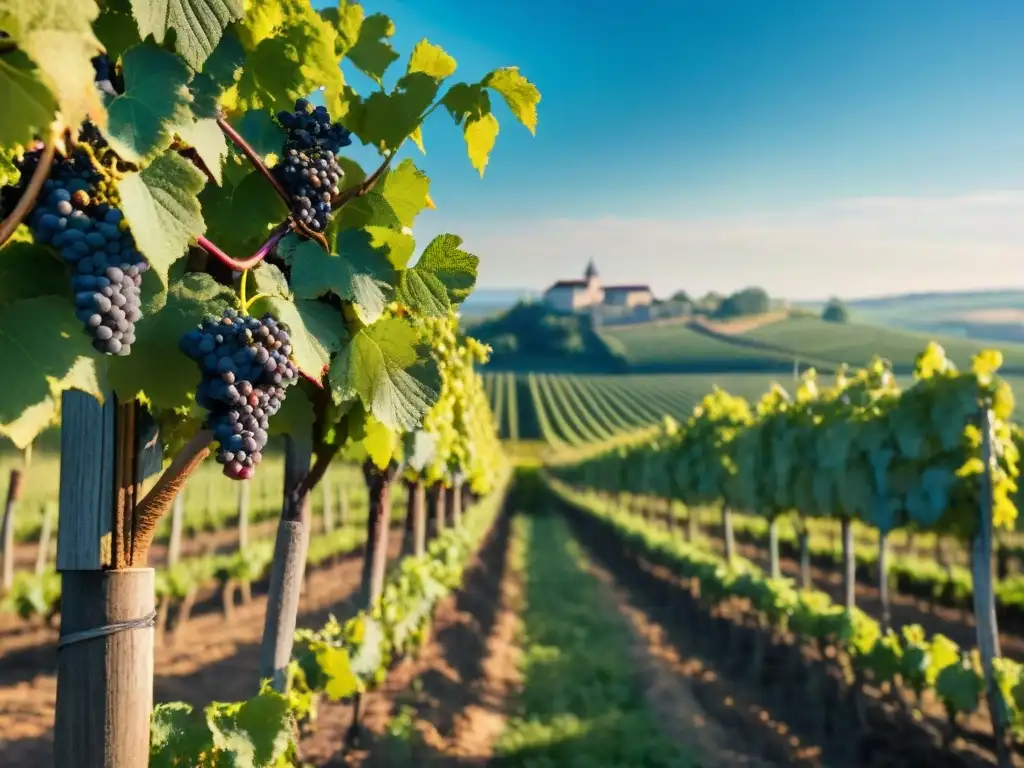 Viñedo pintoresco en la región de Borgoña, Francia, con hileras verdes de uvas Pinot Noir bajo el sol