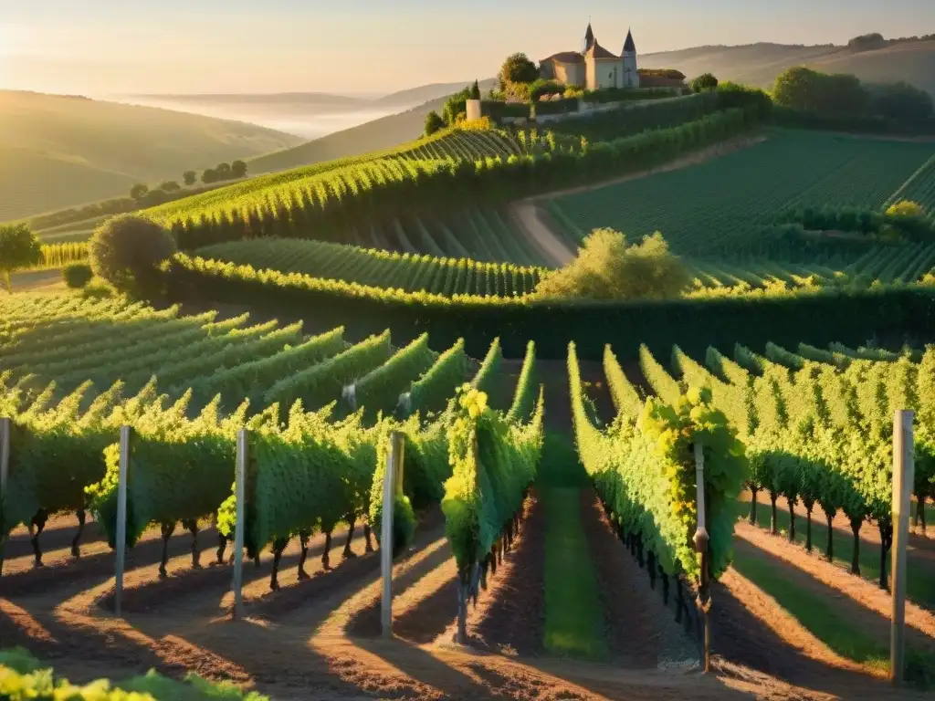 Un viñedo francés pintoresco al amanecer, con hileras de vides verdes bajo la luz dorada, evocando arte y tranquilidad