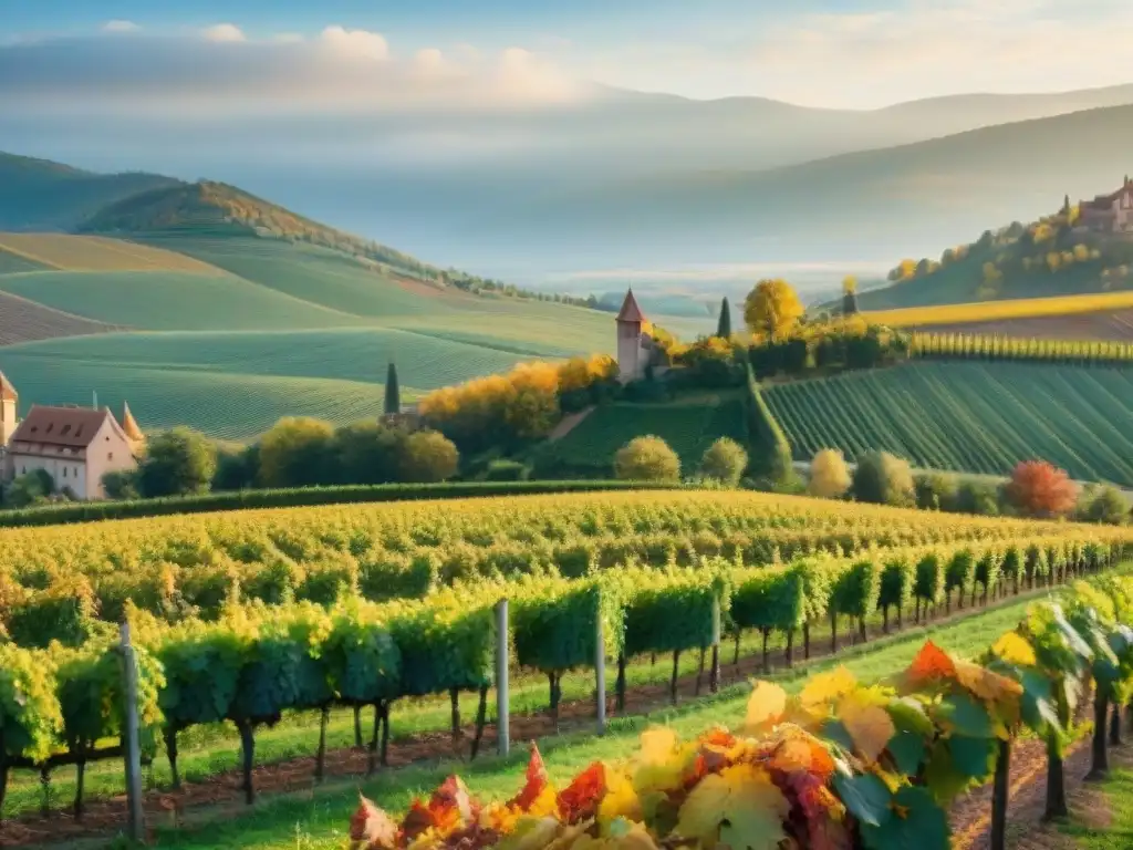 Viñedo de Alsacia: Belleza otoñal y cuidado meticuloso Viñedo pintoresco en Alsacia, Francia, con hojas otoñales, colinas y chateau francés
