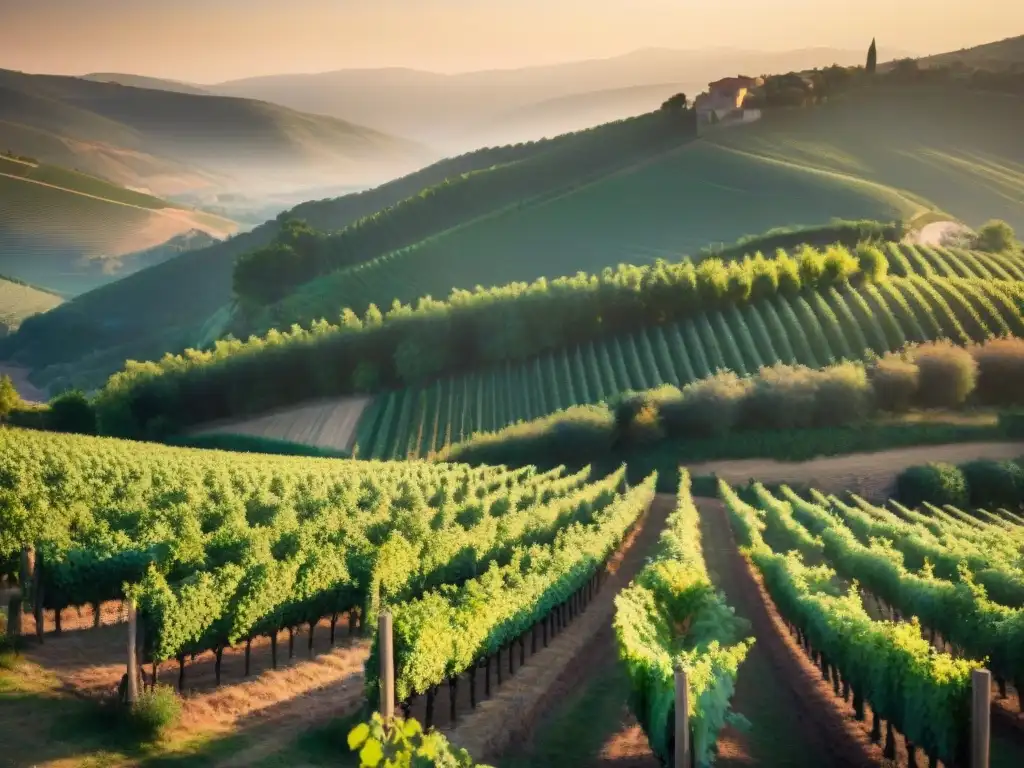 Viñedo pintoresco en Languedoc-Rosellón al atardecer, con vides verdes en filas perfectas y colinas al fondo