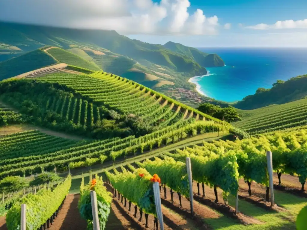 Un viñedo pintoresco en Martinica, con viñedos verdes y flores tropicales bajo el sol caribeño