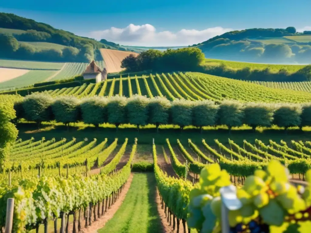 Un viñedo pintoresco en Normandía, Francia, con viñedos exuberantes bajo cielo azul