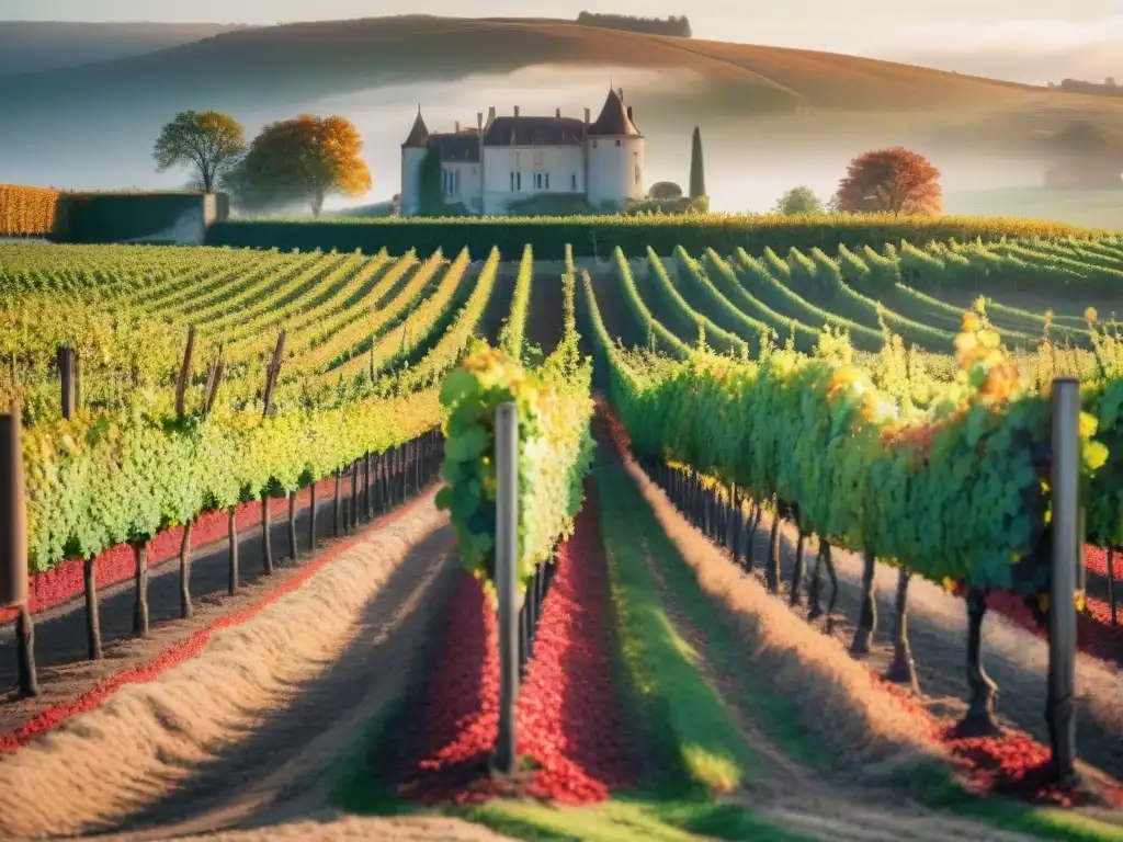 Viñedo pintoresco en otoño, con hojas verdes que cambian a rojos, naranjas y amarillos bajo el sol