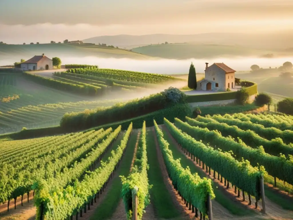 Un viñedo francés pintoresco al amanecer, con prácticas agrícolas sostenibles vino francés