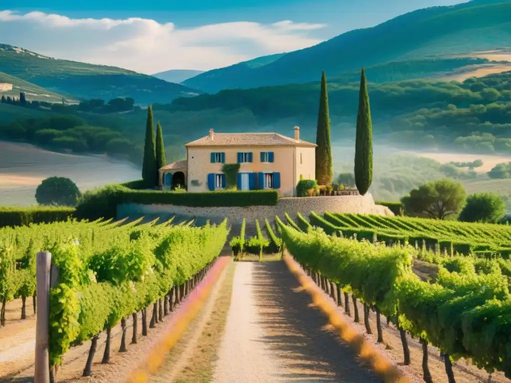 Un viñedo pintoresco en Provenza, Francia, bajo el cálido sol veraniego, con filas de vides verdes cargadas de uvas rosadas listas para la cosecha