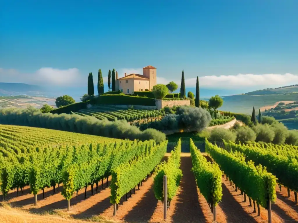 Viñedo pintoresco en Provenza con hileras verdes de uvas bajo el cielo azul