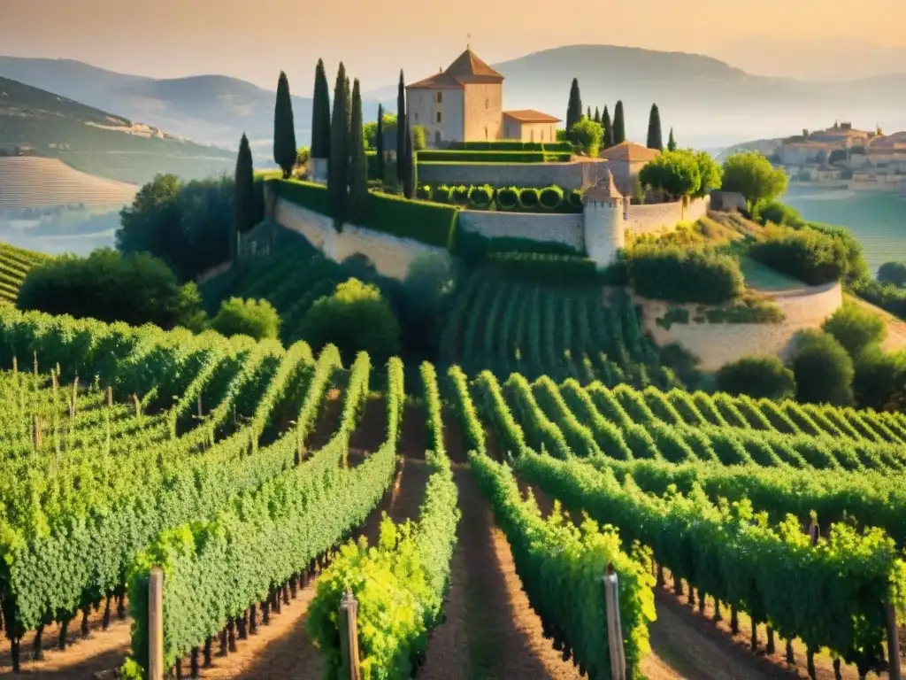 Un viñedo pintoresco en Provenza con viñedos verdes bajo el sol de verano, chateau en colinas