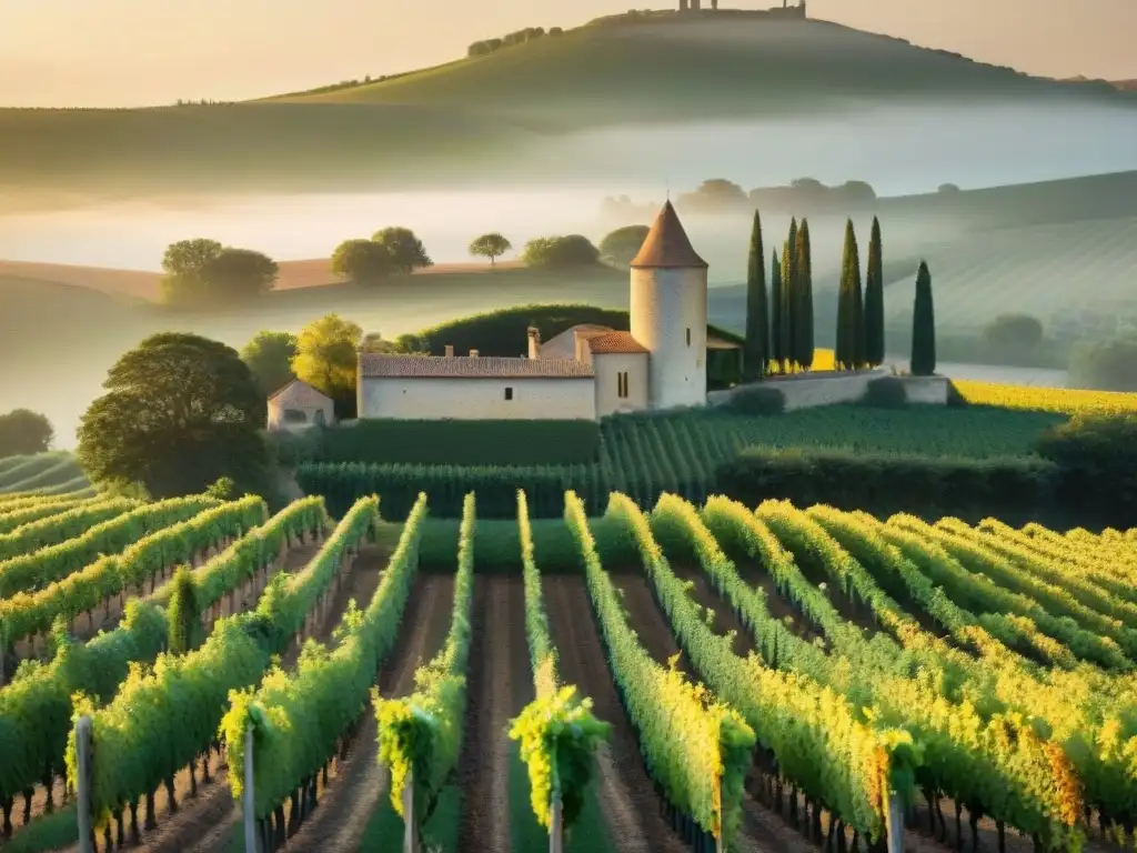 Viñedo pintoresco en Sauternes durante la hora dorada, con viticultores cosechando uvas