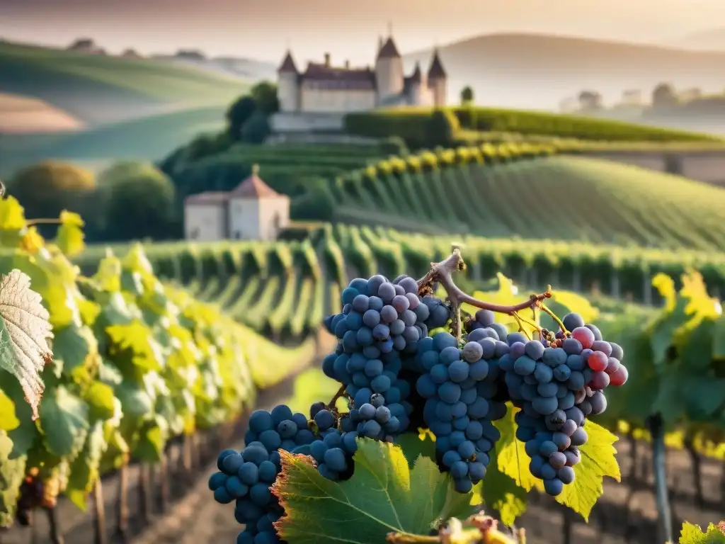 Viñedo pintoresco en la región de Burdeos, uvas moradas en racimos, colinas y chateau histórico