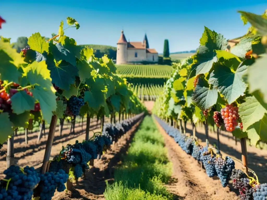 Viñedo pintoresco de Bordeaux, Francia, con uvas rojas vibrantes y un chateau francés al fondo