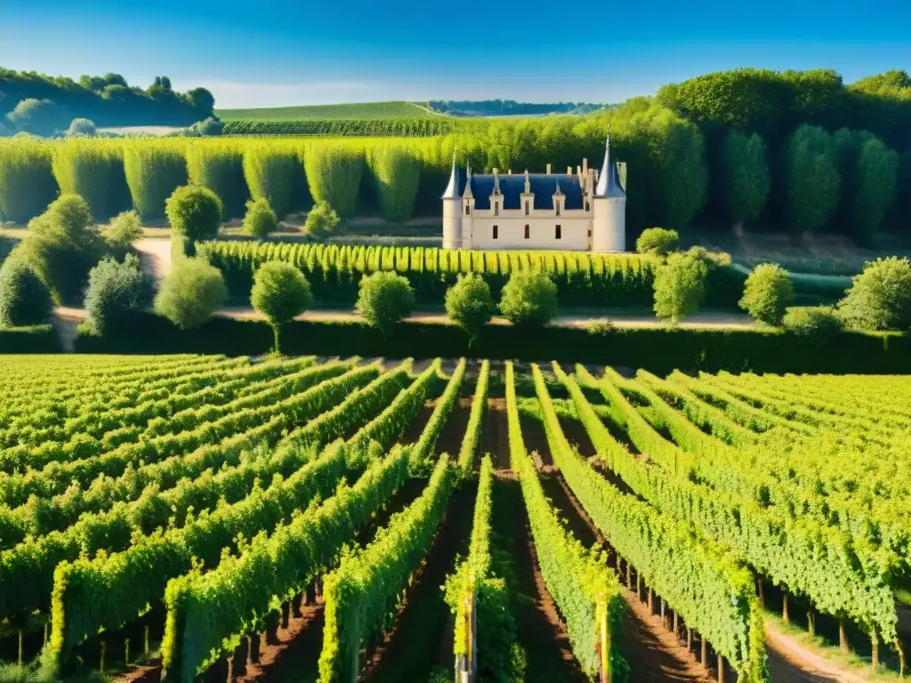 Viñedo pintoresco en el Valle del Loira, Francia, con chateau, árboles altos y río sereno, reflejando diversidad de quesos franceses regionales