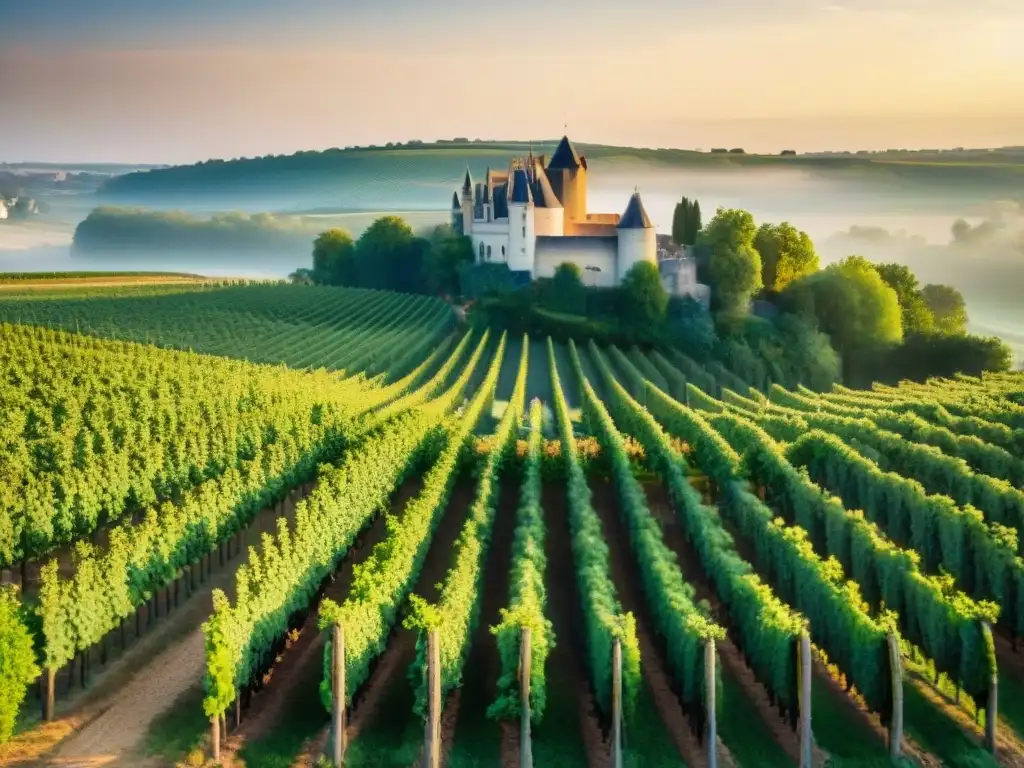 Un viñedo pintoresco en el Valle del Loira al atardecer, con filas de uvas verdes bañadas por el sol, y un encantador castillo al fondo