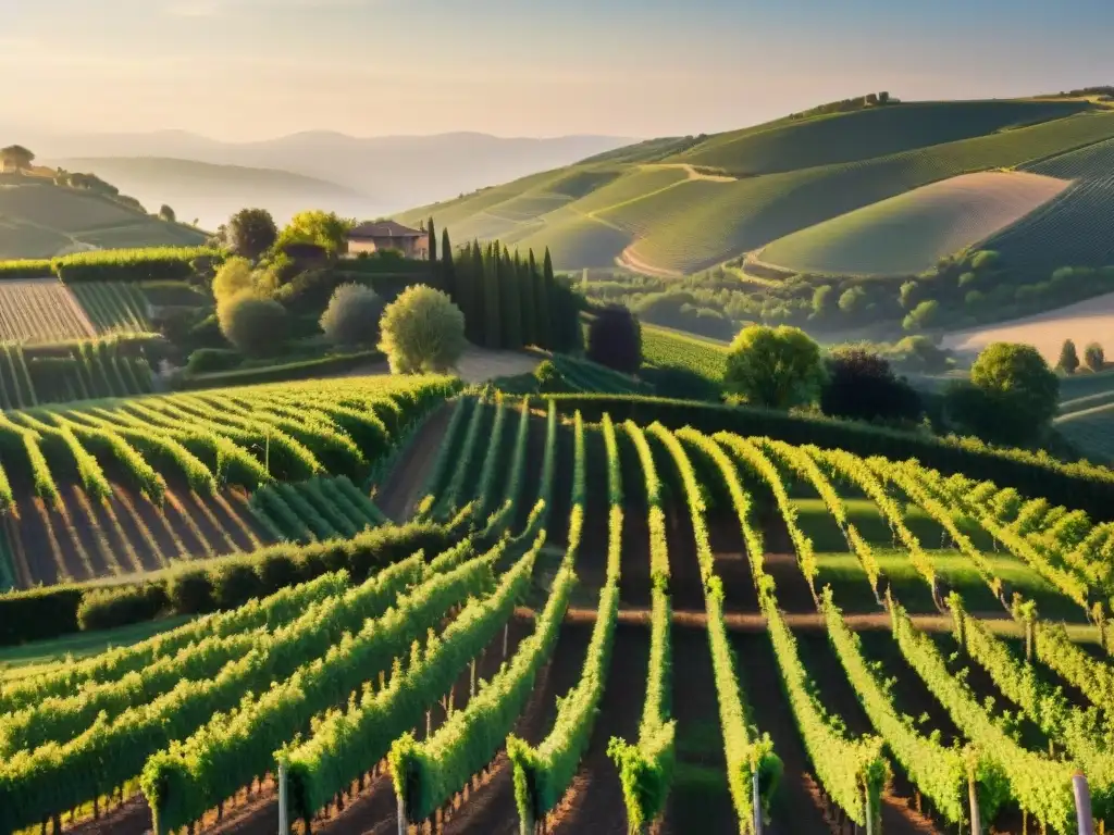 Viñedo pintoresco en Francia, con vides verdes bajo el sol dorado