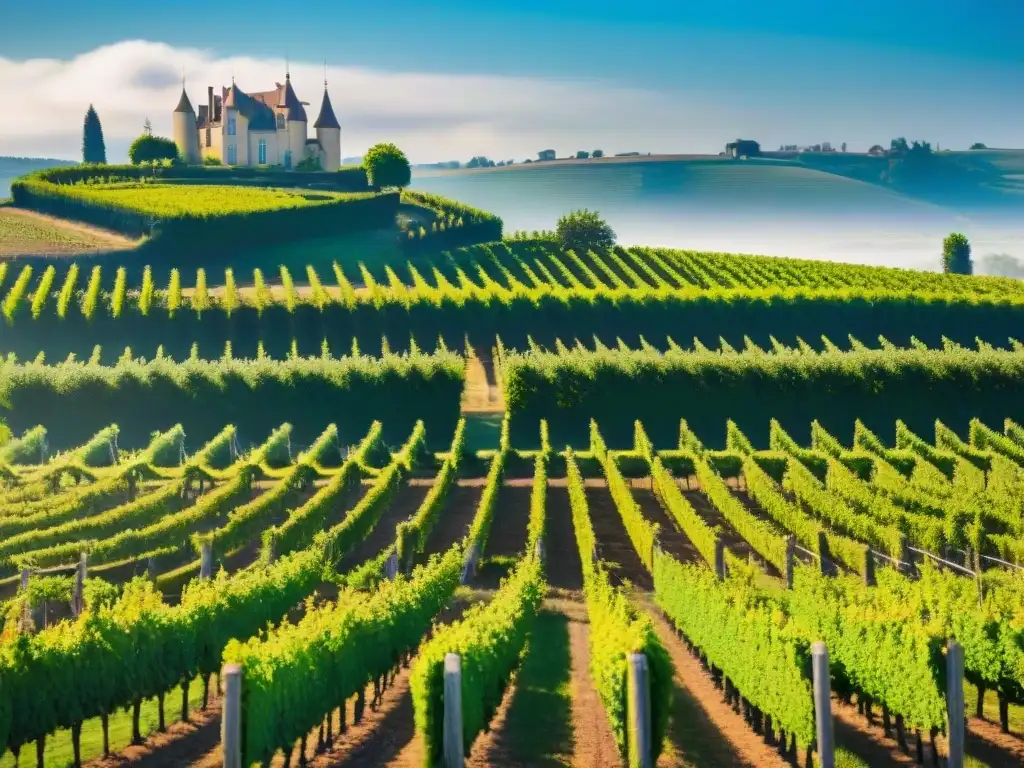 Un viñedo pintoresco en la región de Burdeos, Francia, con vides verdes y un château francés tradicional rodeado de flores y cipreses