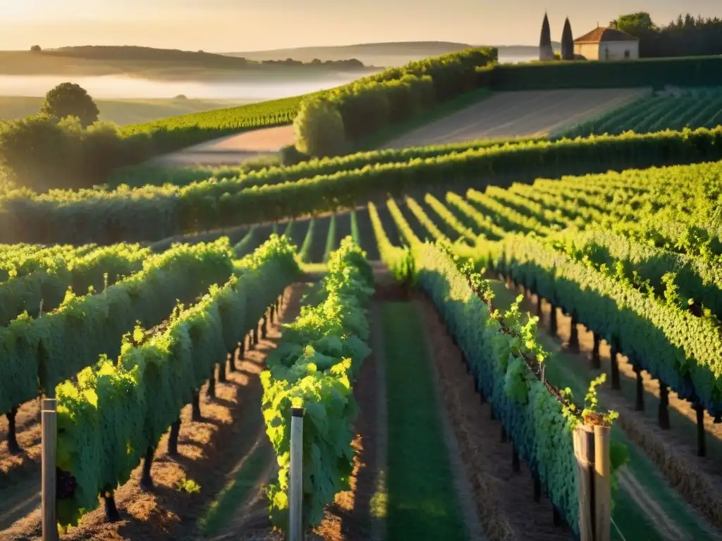 Un viñedo prestigioso en Burdeos al atardecer, reflejando la excelencia de los mejores vinos franceses recomendados