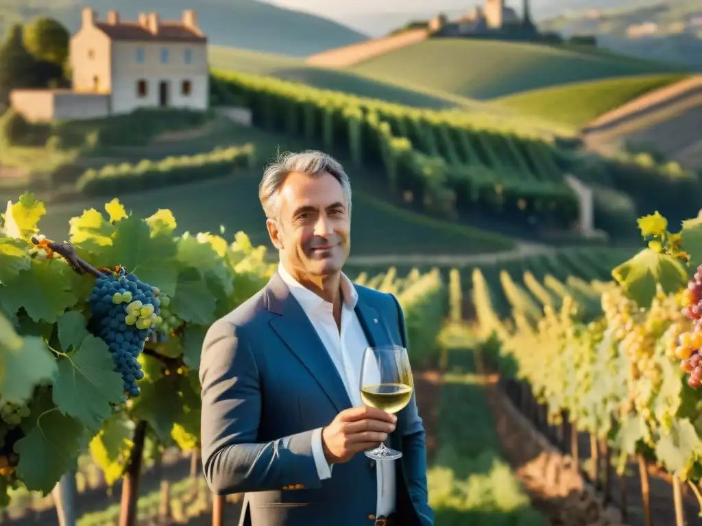 Un viñedo prestigioso en la campiña francesa al atardecer dorado, con vides verdes y un vinicultor inspeccionando uvas maduras