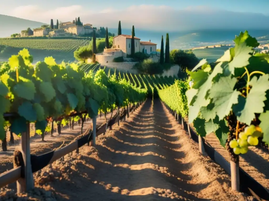 Viñedo en la región de Provenza, con filas de uvas verdes bajo el sol dorado