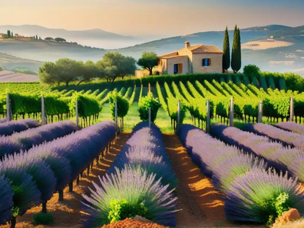 Un viñedo provenzal bañado por el sol, con viñedos y campos de lavanda al fondo