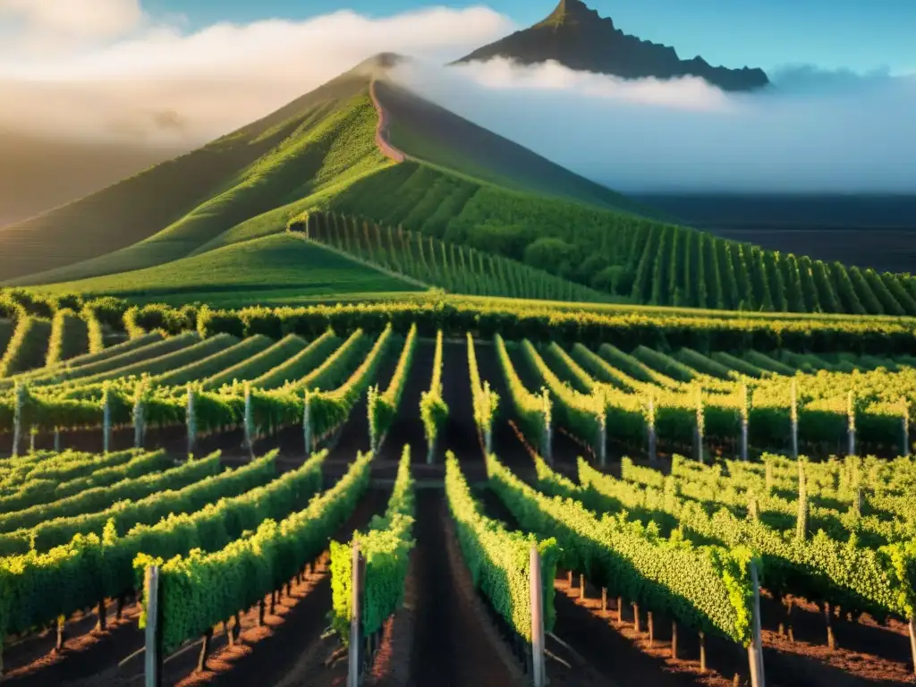 Viñedo en Reunión al atardecer, con hileras de vides verdes bajo un cielo cálido