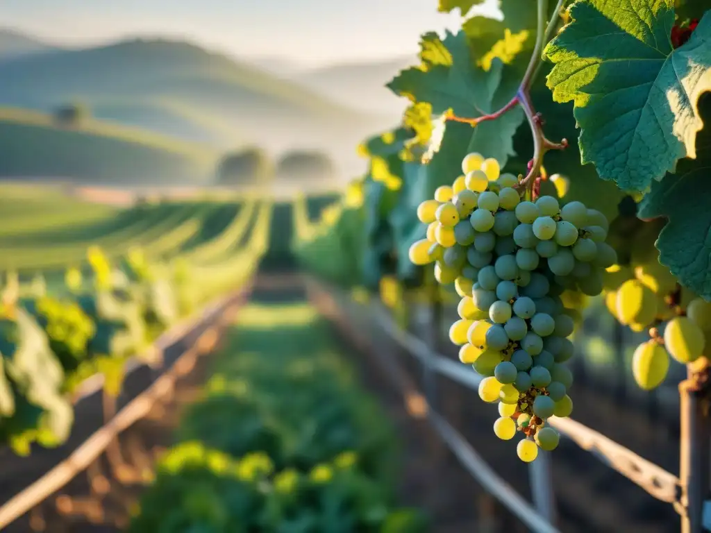 Viñedo francés al amanecer con rocío en hojas de uvas Riesling, Semillón y Viognier