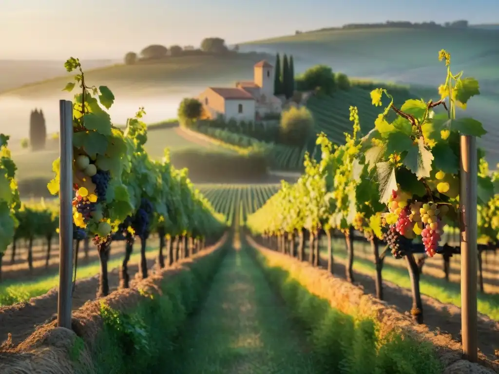 Un viñedo sereno al atardecer con filas de uvas brillantes en la luz dorada, transmitiendo equilibrio francés hidratación óptima